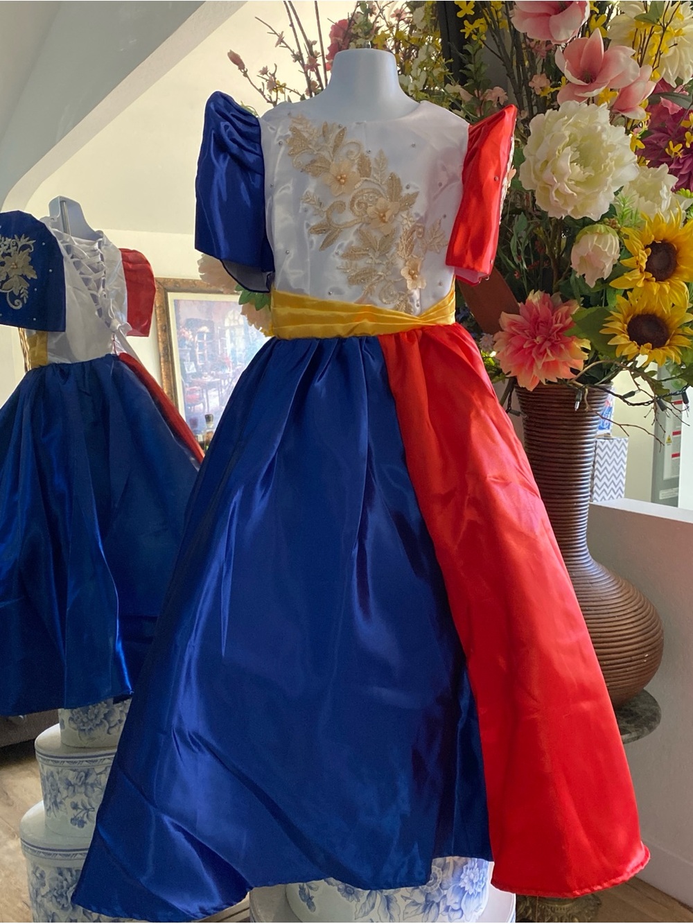 Filipiniana 12 y/o Girl Philippine Flag design Red White BlueDress Gold Accents